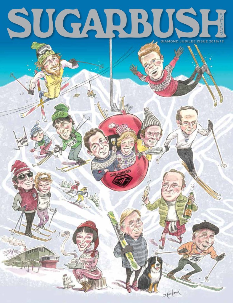 photo of Sugarbush Magazine 2018 cover art illustration showing people important to the mountain, including Win Smith, Sigi Grottendorfer, Peter Estin, Damon and Sarah Gadd.